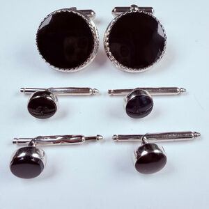 Destino Black Onyx Cufflink & Shirt Studs Set 925 Sterling Silver Tuxedo Set